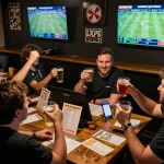 People celebrating a winning bet using the LV88 sports betting app in a lively bar.