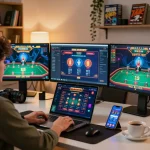 Engaging in online gambling at home, displaying various games on the laptop and smartphone at https://kjc.events/.