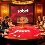 Sbobet link displayed in an elegant casino setting while players enjoy table games.