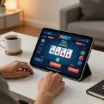 Player engaging in online poker at i9BET app on tablet, showcasing comfortable home setting.