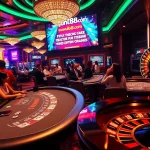 Excited players placing bets at jun88.com blackjack table in a vibrant casino atmosphere.