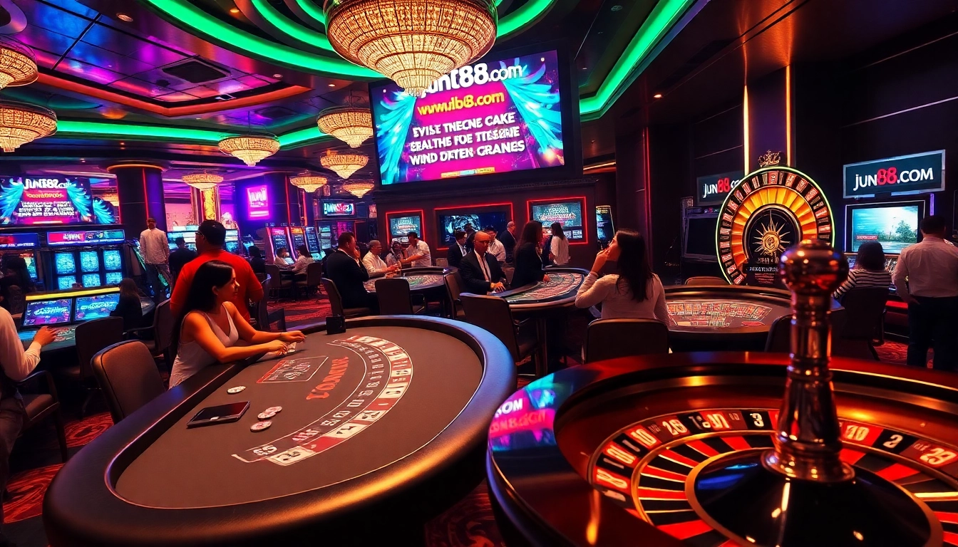 Excited players placing bets at jun88.com blackjack table in a vibrant casino atmosphere.