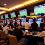 Sports betting excitement with players engaging in tr88 strategies and placing bets in an upscale casino.