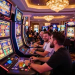 Permainan slot link yang menarik di kasino dinamis dengan beragam pemain merayakan kemenangan.