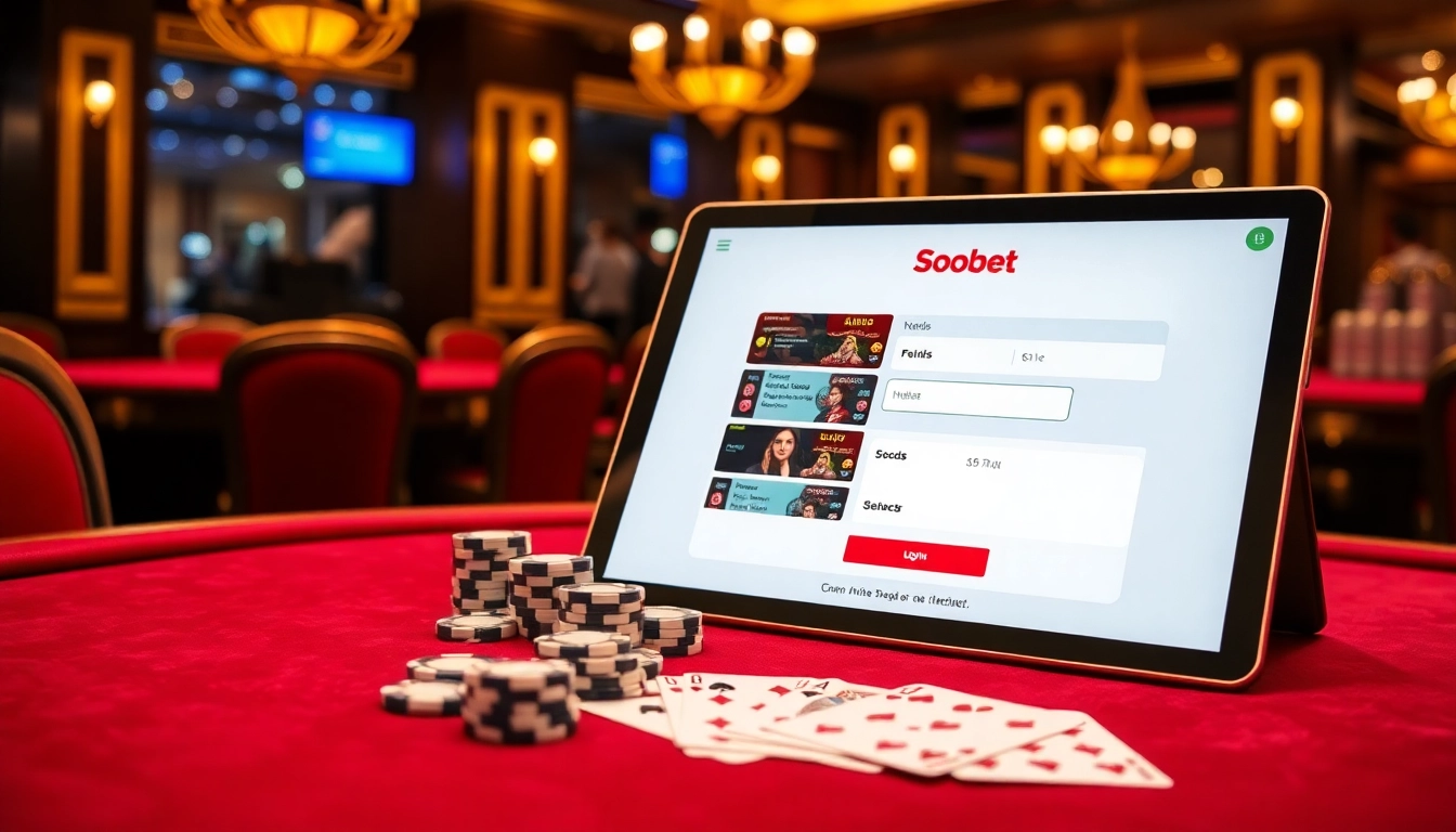 Experience sbobet login excitement on a luxurious gambling table with poker chips and cards.