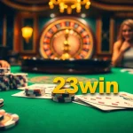 The thrill of poker at 23win with premium chips and cards in a luxury casino setting.