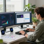 Person engaged in innovative AI technology workspace showcasing juicy ai interactions and insights with dynamic visuals.