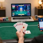 The excitement of online poker gameplay at https://gemwin.pics with player showing winning cards in stylish home setting.