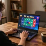 Tài Xỉu MD5 gameplay on laptop, showcasing online gaming excitement in a cozy home environment