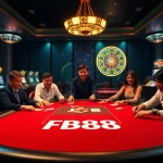 Engaged players at an FB88 poker table celebrate their wins in a vibrant casino setting.