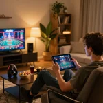 Players enjoying AU88 casino games in a cozy home setting with ambient lighting.