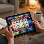 Pemain bermain slot AMAN788 di tablet dalam suasana yang nyaman, menampilkan permainan yang penuh warna.