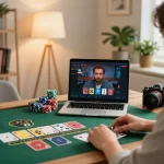 Lemacau casino player enjoying baccarat on laptop in a stylish home office setup, highlighting strategic gaming.