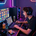 Pemain menikmati permainan slot laoban188 di laptop, menunjukkan lingkungan permainan yang dinamis dan kegembiraan.