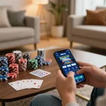 Engaging in online gambling on X88.COM through a smartphone in a cozy home environment.