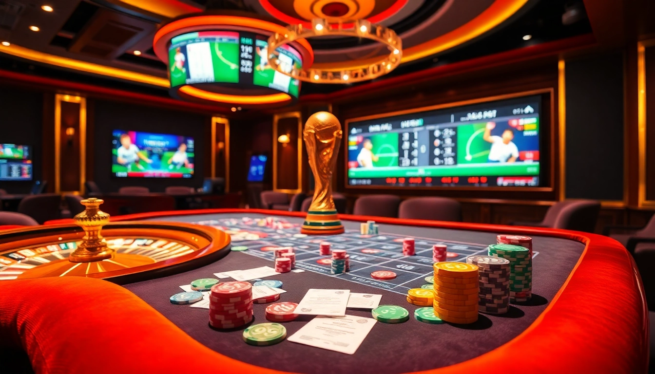 Engaging Judi Bola Piala Dunia betting scene featuring vibrant tables and dynamic football odds.