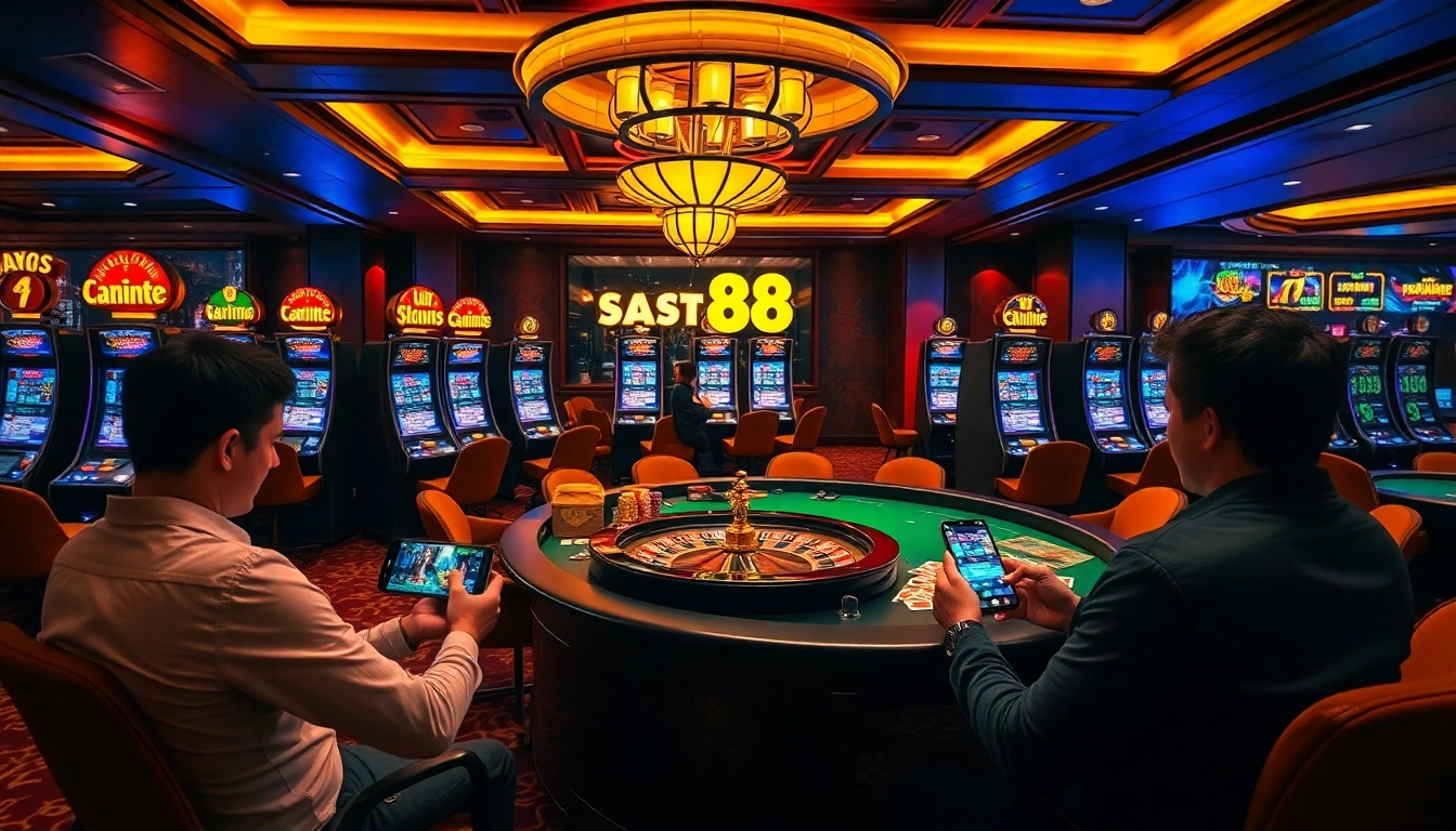 Players enjoying thrilling slot88 machines in an upscale casino environment.