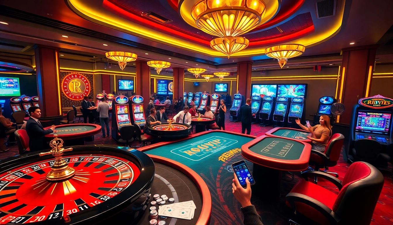 Experience the excitement of Rikvip with engaging casino tables and vibrant slot machines.