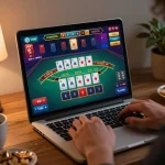 Engaging in an online blackjack game on a laptop while enjoying snacks and coffee at home, a reflection of 88vv's thrilling gambling experience