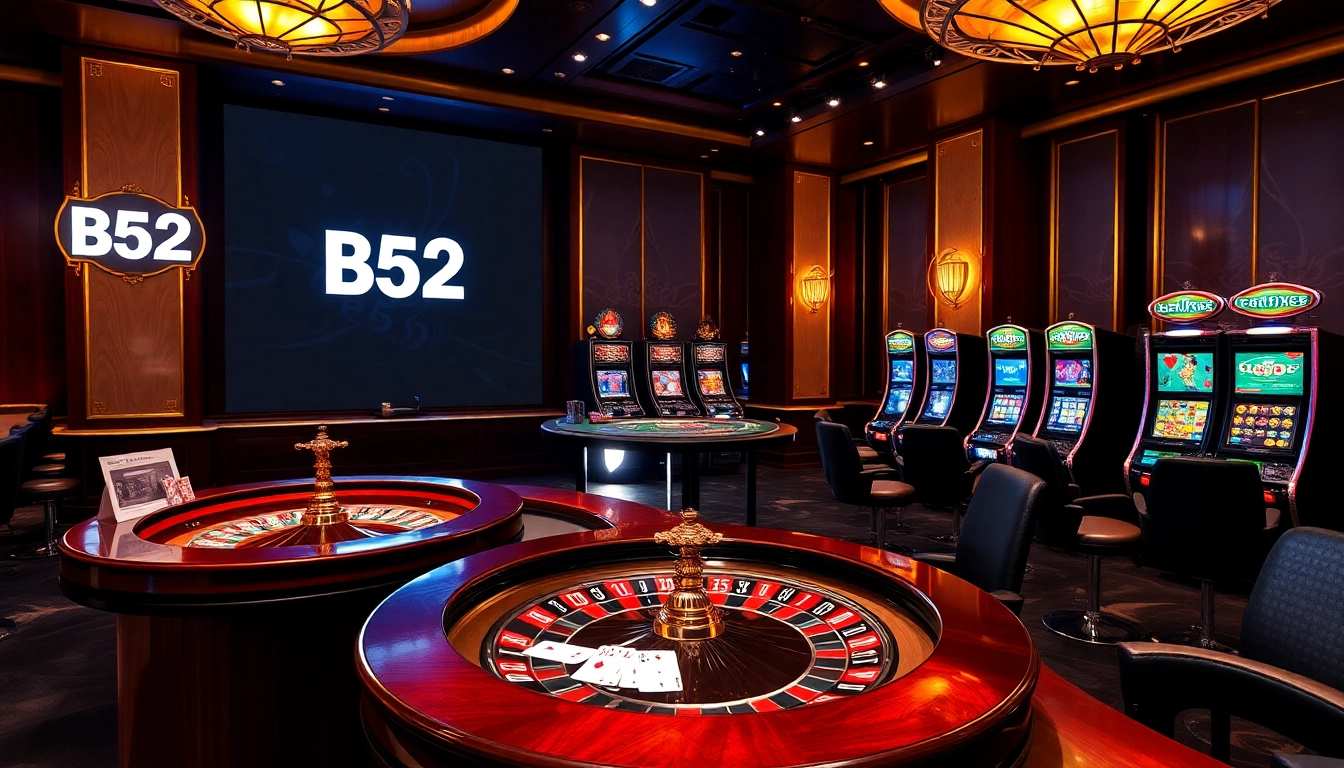 B52 casino scene with poker chips, roulette wheel, and slot machines in a luxurious setting.