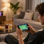 mm88 user enjoying mobile sports betting in a cozy home setting with live odds displayed