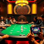 Poker players enjoying a game at uu 88's elegant casino table, surrounded by vibrant gambling elements.