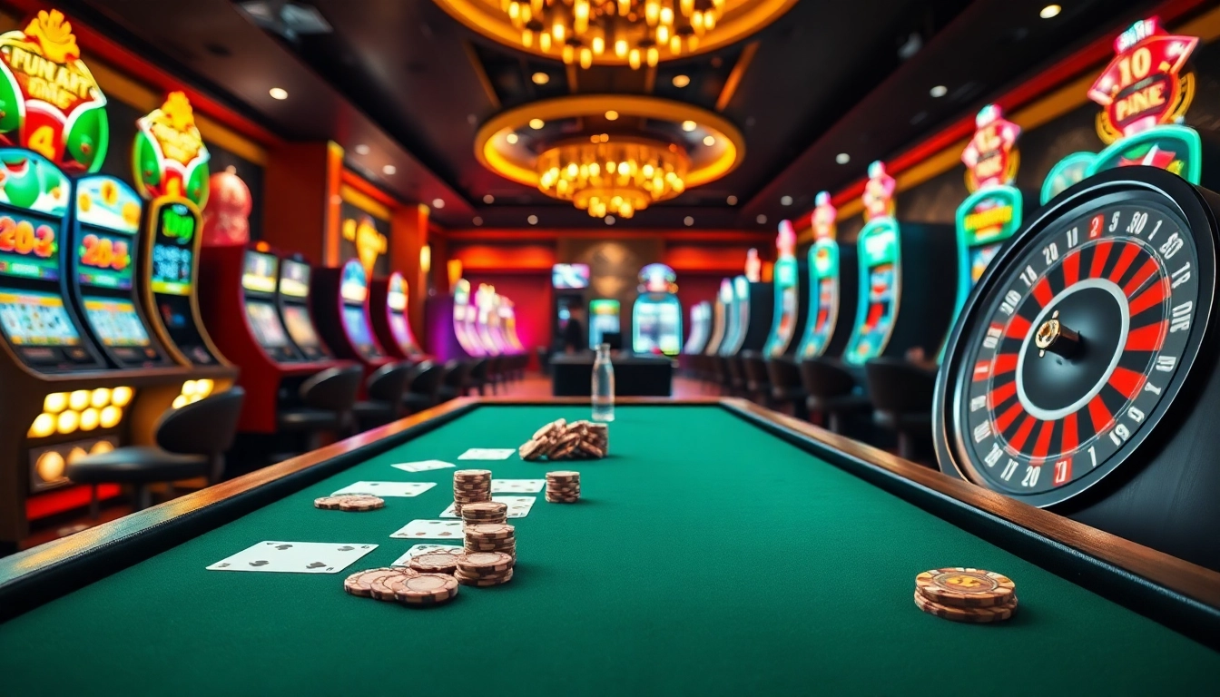 i9bet casino scene showcasing luxury poker and slot machines in a vibrant, exciting atmosphere.