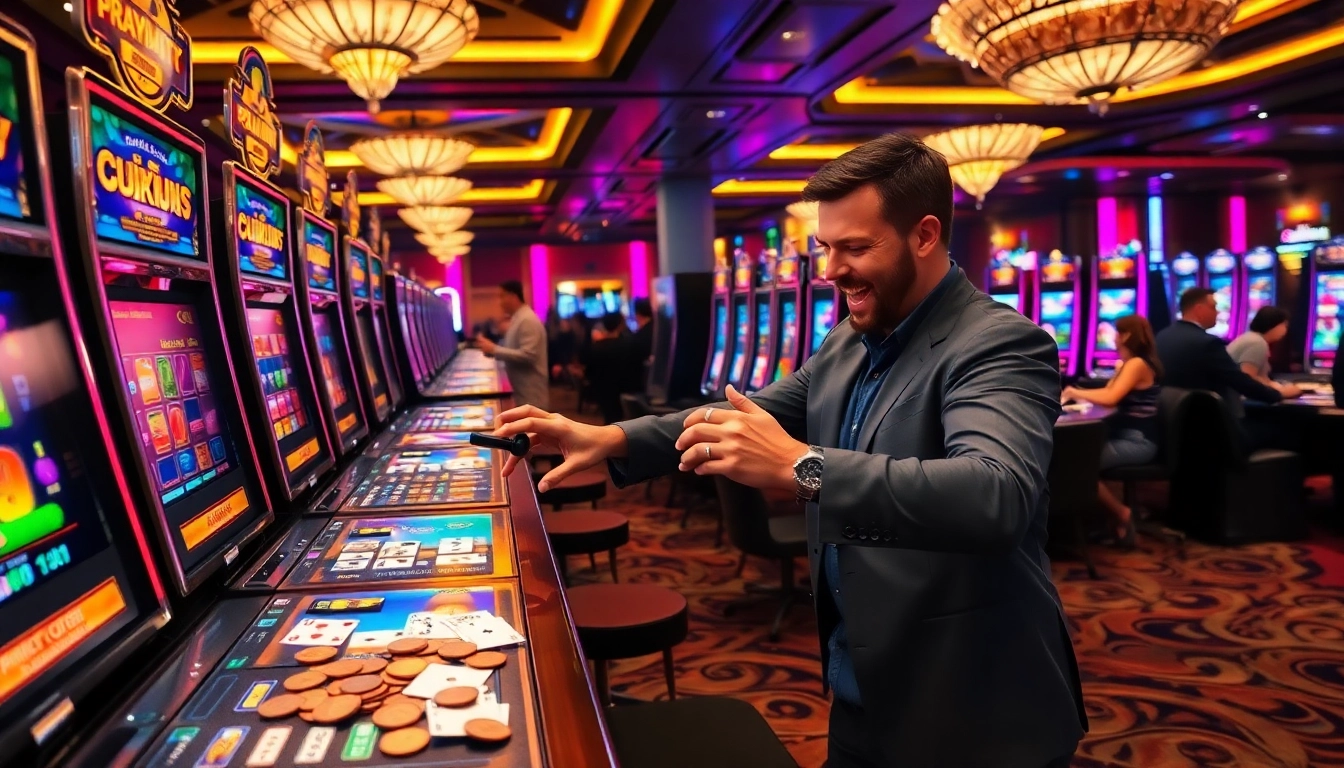 Gamblers enjoying the excitement of Pragmatic Play slot machines in a vibrant casino atmosphere.