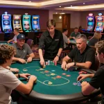 Engaging live casino scene at https://fc88bet.uk.com with players on poker tables enjoying thrilling gameplay experience