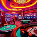 Suasana kasino online yang hidup menampilkan aman788 dengan mesin slot yang menarik dan meja poker.