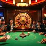 Experience the excitement of F8BET at a luxurious casino with vibrant poker and roulette tables.