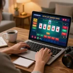 Engaging in open888 online casino gameplay in a cozy, stylish home office atmosphere