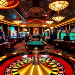 Experience the thrill of gambling at lc88 in a luxurious casino setting with vibrant tables and players.