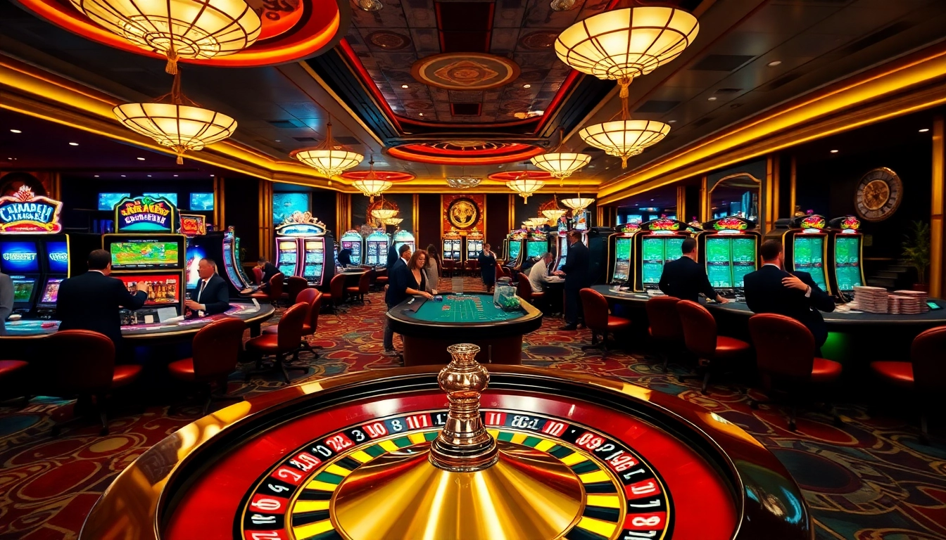 Experience the thrill of gambling at lc88 in a luxurious casino setting with vibrant tables and players.