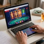 Engaging user on https://tairikvip.co placing bets on an online poker game with notes for better strategies and home ambiance.