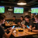 Sports enthusiasts using Nowgoal app for live betting during soccer games in a lively bar.
