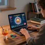 Player engaging with open888 online roulette game at home, showcasing strategic gaming atmosphere.