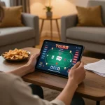 Player engaged in online poker game on TG88, enjoying snacks and a comfortable home setup.