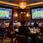 Betting excitement captured at https://kkwin68.info/ sports lounge, showcasing patrons participating in high-stakes wagers.