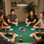 Players enjoying poker night at home with mk8th.net, showcasing strategic card play and social engagement