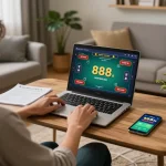 Engaging in online poker at sc88.com with a relaxed home gaming setup, showcasing strategy and comfort.