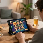 Engaged user playing 88 slot game on tablet in cozy home workspace.