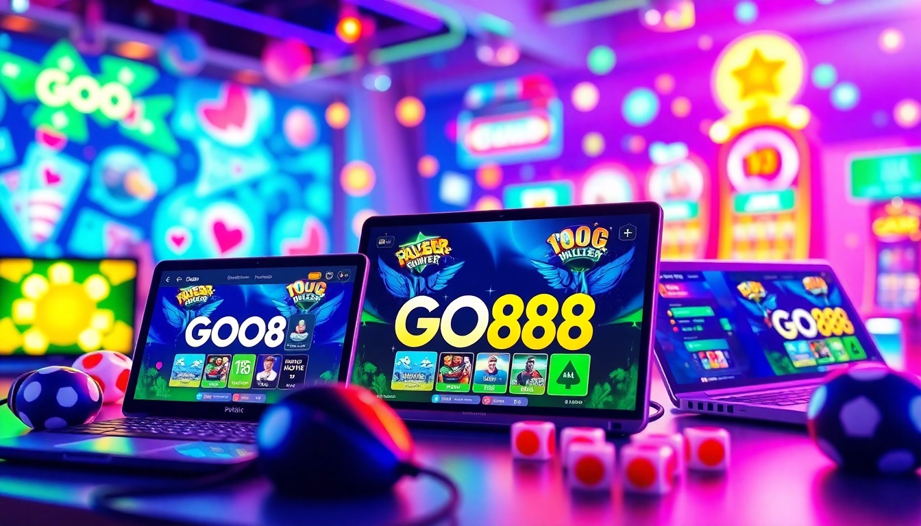 Tải GO88 on various devices featuring engaging visuals of gaming interfaces.
