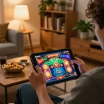 Engaging online slot gameplay with aman788 displayed on tablet in a cozy living room.