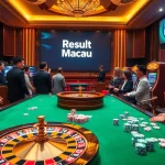Live draw scene showcasing Result Macau with players anxiously watching for winning lottery results in a luxurious casino.