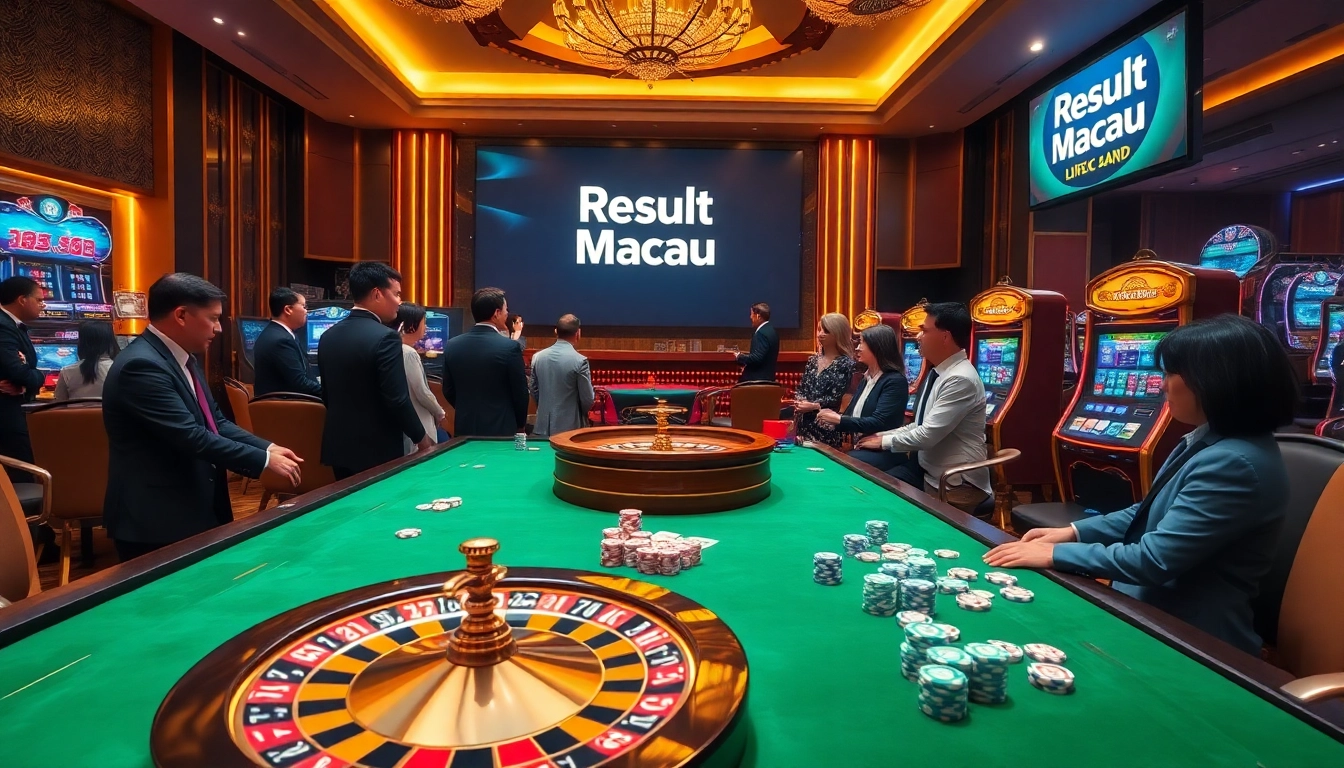 Live draw scene showcasing Result Macau with players anxiously watching for winning lottery results in a luxurious casino.