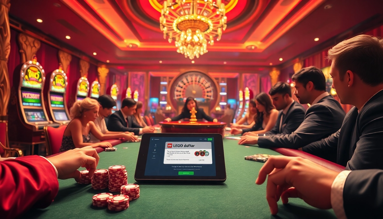 Experience the thrill of winning on LEGO138 daftar with an engaging casino scene featuring poker chips and slot machines.