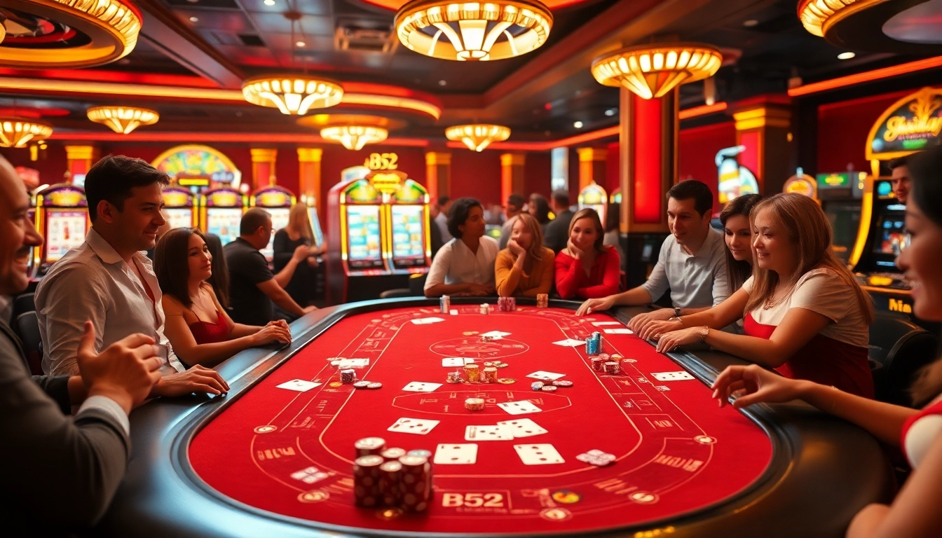 Players enjoying a thrilling B52 gaming table experience amid vibrant casino lights.