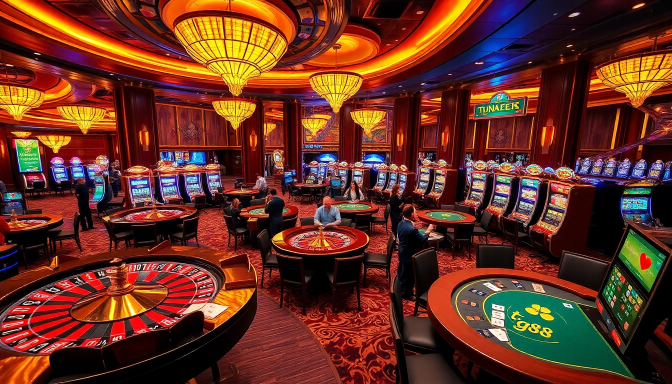 Players enjoying an exciting game scene at tg88 casino, featuring vibrant tables and slot machines.