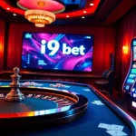 Experience thrilling online gameplay at i9bet with vibrant casino visuals including poker chips and slot machines.